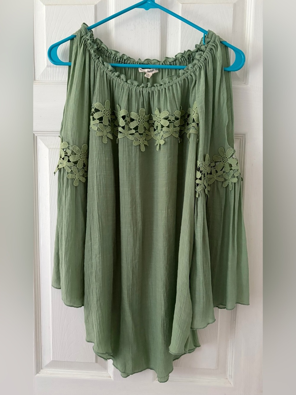 Cold Shoulder Olive Green Tunic with Floral Lace Trim